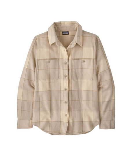 Patagonia Fjord Flannel Womens Shirt- Beige plaid shirt on a white background