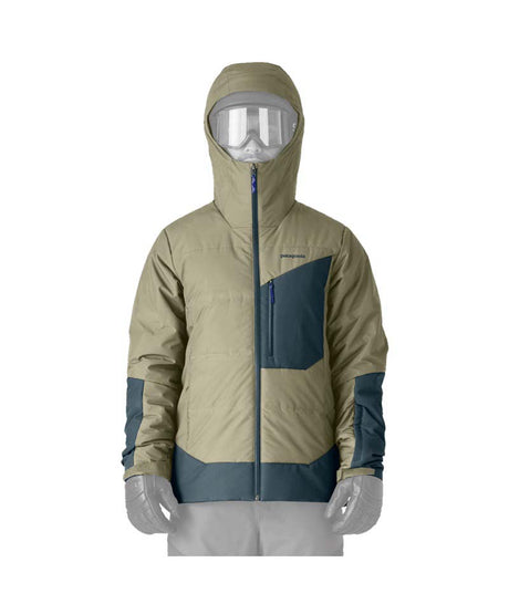 Patagonia Insulated Snowfarer Mens Jacket,  Khaki and navy jacket with transparent visor on a white background