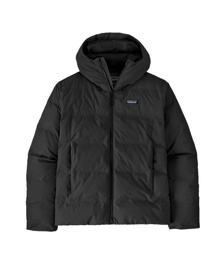 Patagonia Jackson Glacier Mens Jacket- Black puffer jacket with a hood on a white background