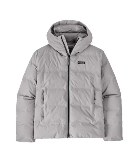 Patagonia Jackson Glacier Mens Jacket- Gray quilted jacket with a hood on a white background