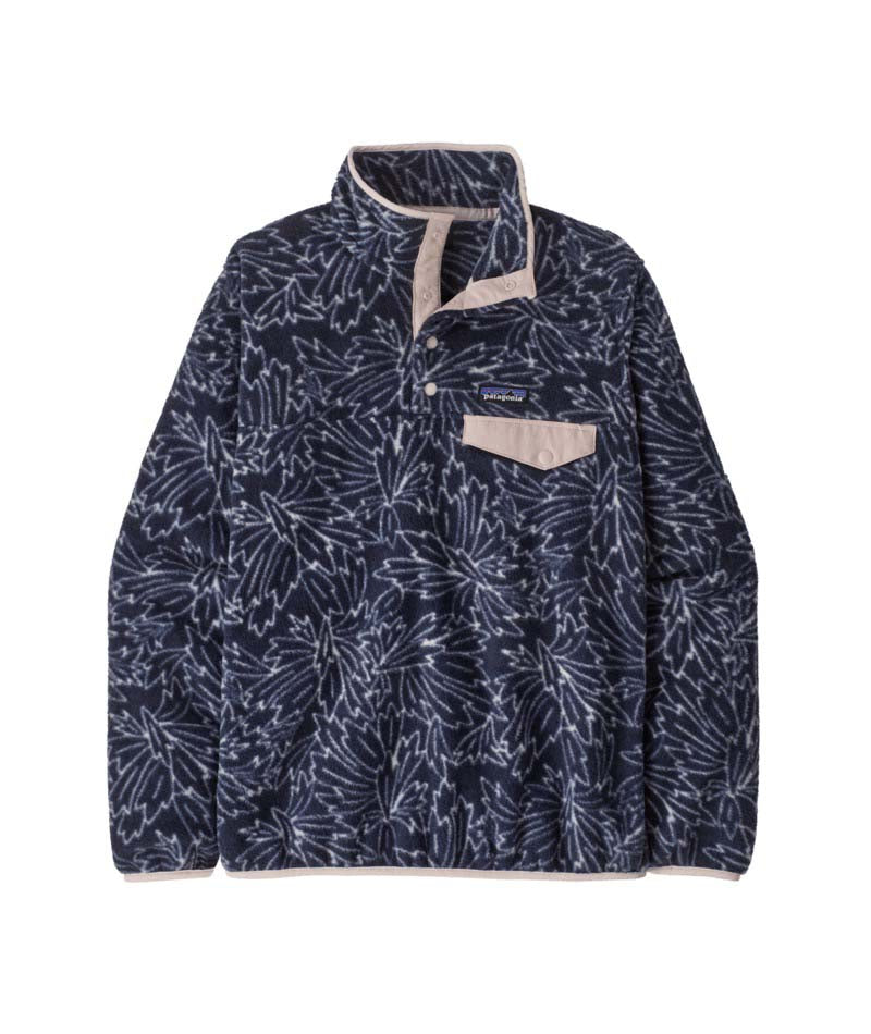 Patagonia Lightweight Synch Snap-T Womens Pullover-Navy patterned pullover with beige interior on a white background