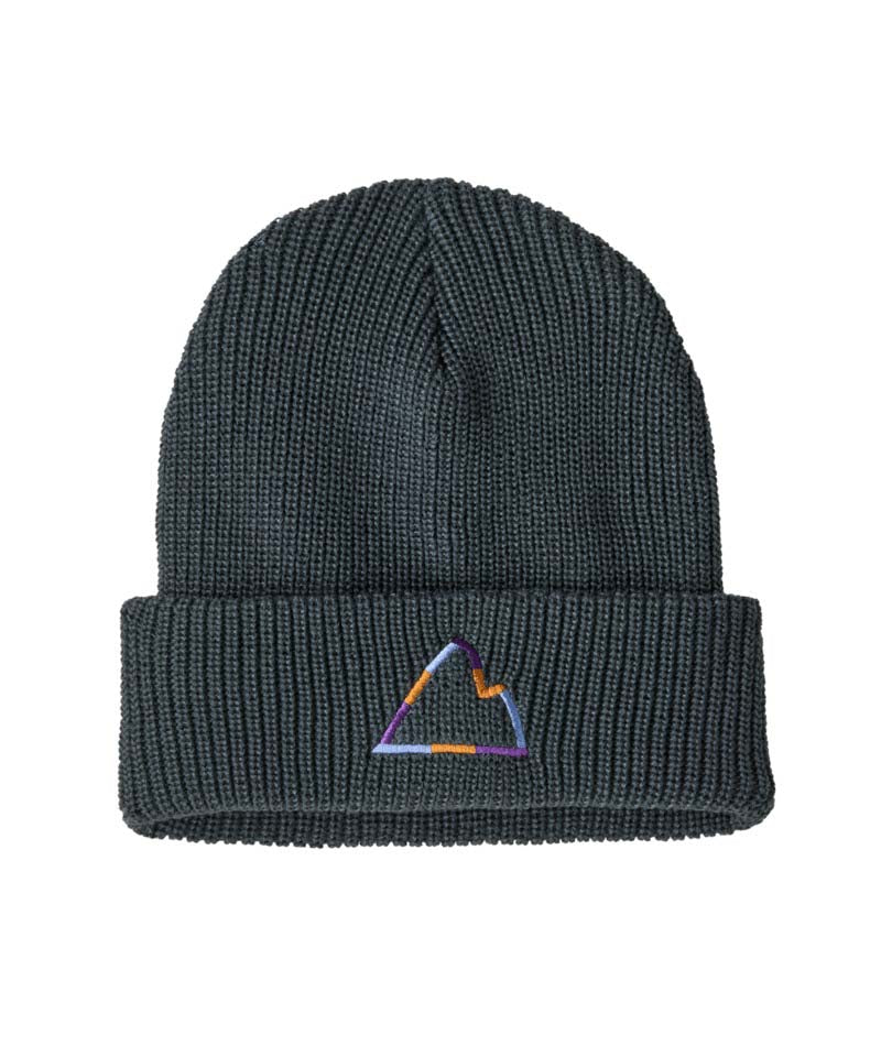 Patagonia Logo Kids Beanie- Dark gray beanie with a colorful triangle logo on a white background