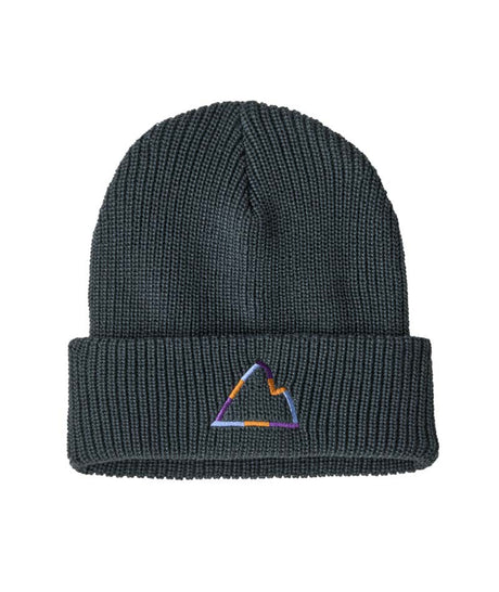 Patagonia Logo Kids Beanie- Dark gray beanie with a colorful triangle logo on a white background