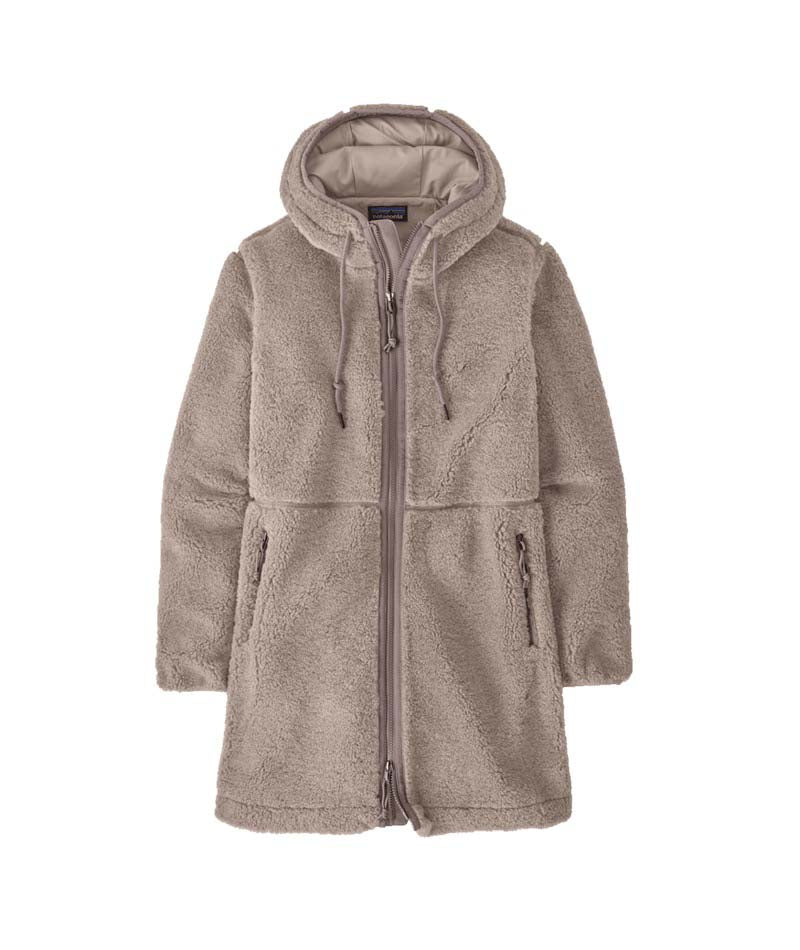 Patagonia Lonesome Mesa Hooded Womens Parka- Beige fleece jacket with a hood on a white background