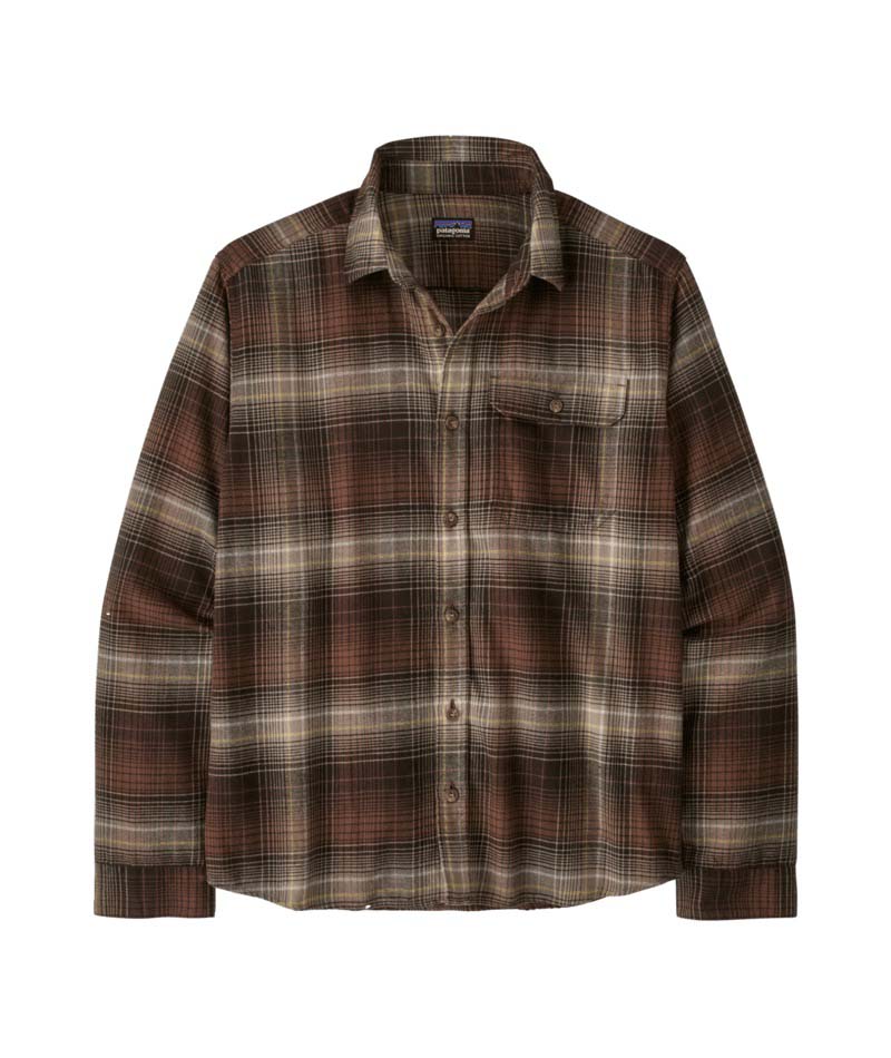 Patagonia LongSleeve Lightweight Fjord Flannel Mens Shirt- Plaid shirt with brown and beige pattern on a white background
