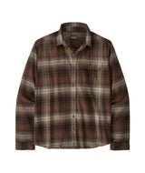 Patagonia LongSleeve Lightweight Fjord Flannel Mens Shirt- Plaid shirt with brown and beige pattern on a white background