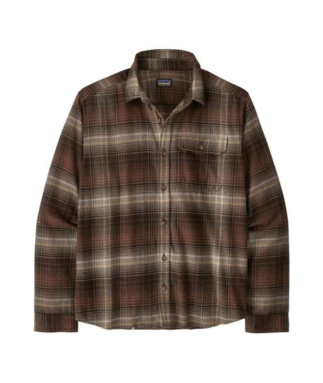 Patagonia LongSleeve Lightweight Fjord Flannel Mens Shirt- Plaid shirt with brown and beige pattern on a white background