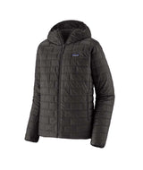 Patagonia Nano Puff Mens Hoody- Black quilted jacket with a brand logo on a white background