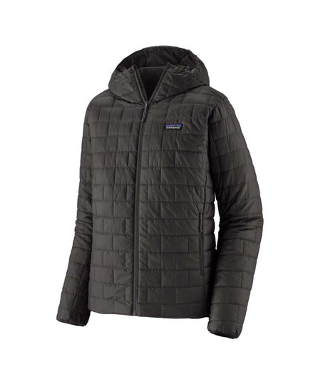 Patagonia Nano Puff Mens Hoody- Black quilted jacket with a brand logo on a white background