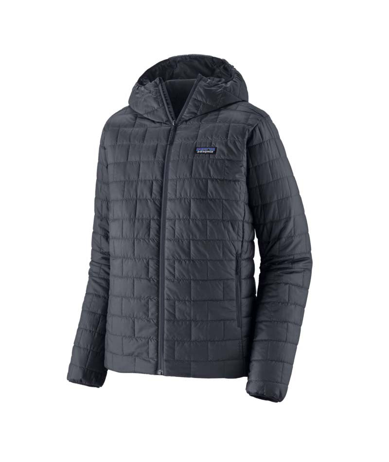 Patagonia Nano Puff Mens Hoody- Dark gray quilted jacket with a hood on a white background