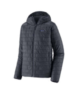 Patagonia Nano Puff Mens Hoody- Dark gray quilted jacket with a hood on a white background