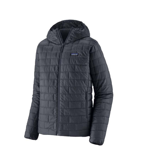 Patagonia Nano Puff Mens Hoody- Dark gray quilted jacket with a hood on a white background