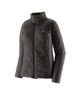 Patagonia Nano Puff Womens Jacket- Black quilted jacket with a brand logo on a white background
