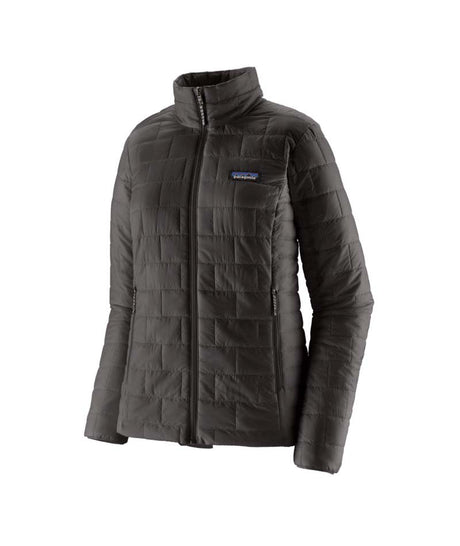 Patagonia Nano Puff Womens Jacket- Black quilted jacket with a brand logo on a white background