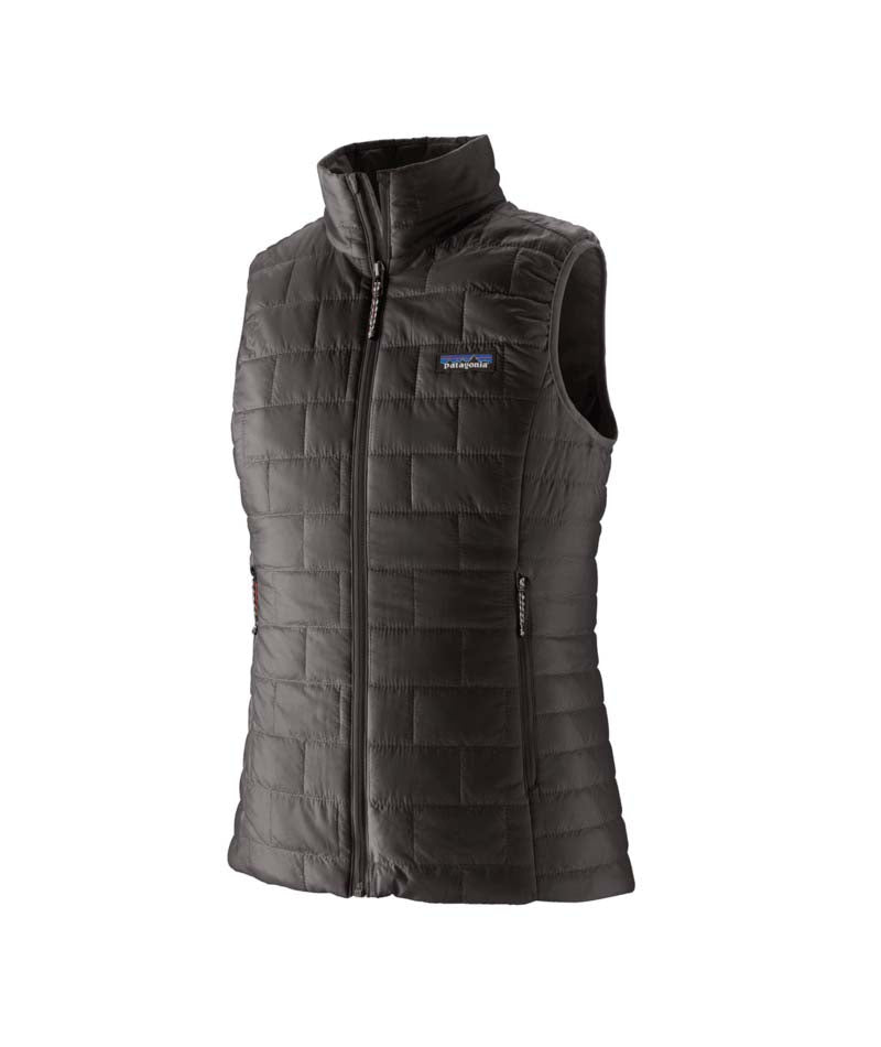 Patagonia Nano Puff Womens Vest- Black quilted vest with Patagonia logo on a white background