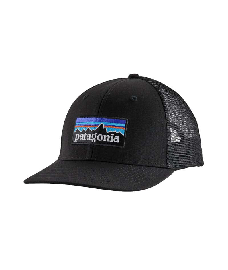 Patagonia P-6 Logo Trucker Hat- Black Trucker Hat with a mesh back that has the Patagonia logo on the front