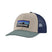 Patagonia P-6 Logo Trucker Hat- Cream Trucker Hat with a navy mesh back and a teal brim that has the Patagonia logo on the front