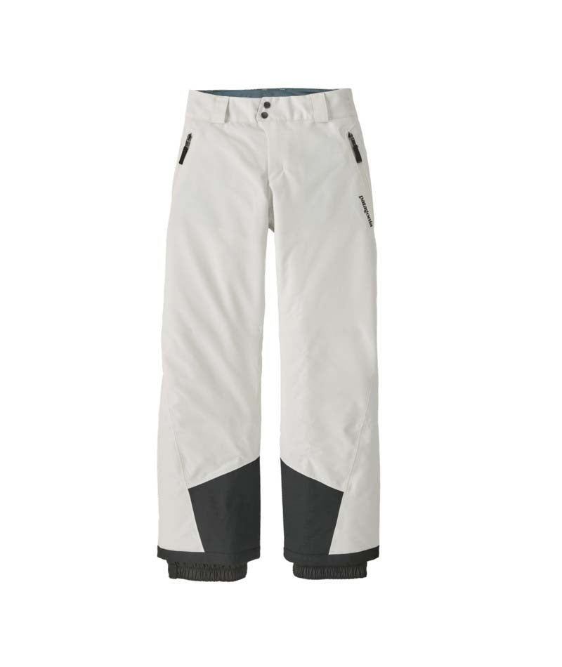 Patagonia Powder Town Kids Pants- White ski pants with black accents on a white background