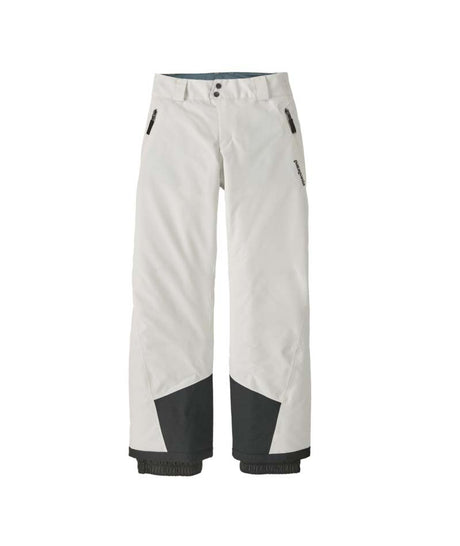 Patagonia Powder Town Kids Pants- White ski pants with black accents on a white background