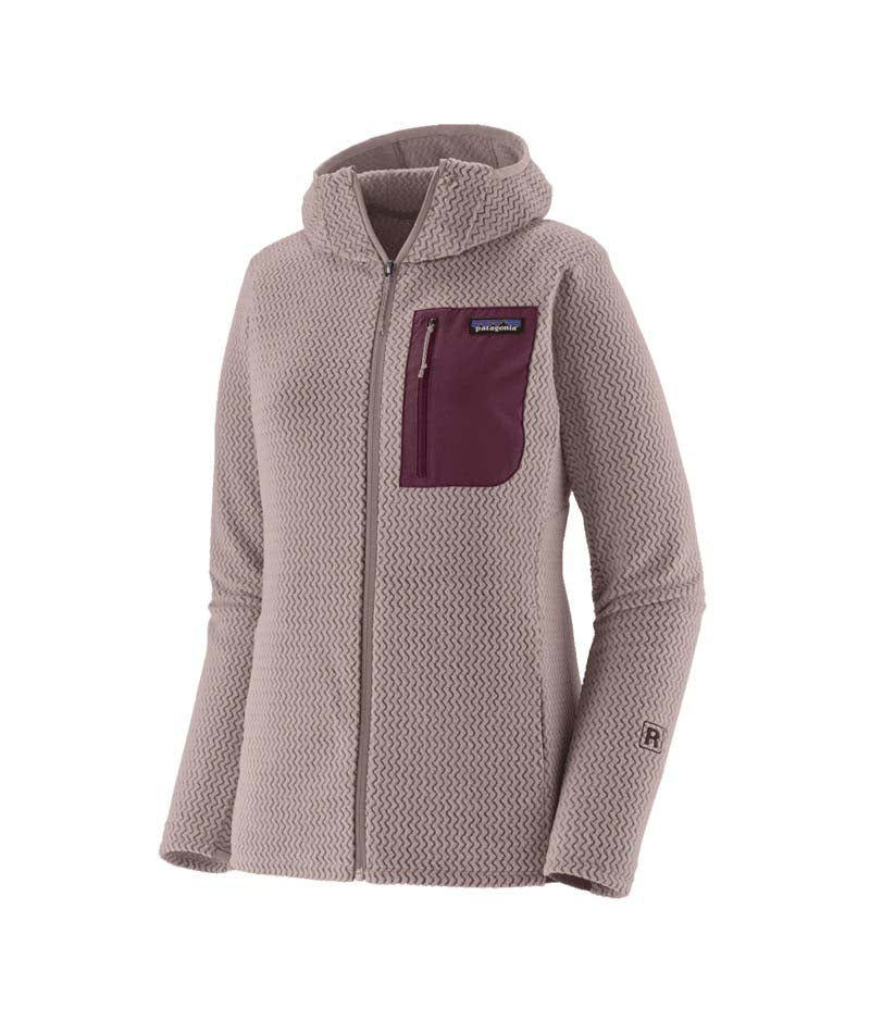 Patagonia R1 Air Full-Zip Womens Hoody- Light pink hooded jacket with a maroon pocket on a white background