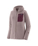 Patagonia R1 Air Full-Zip Womens Hoody- Light pink hooded jacket with a maroon pocket on a white background