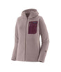 Patagonia R1 Air Full-Zip Womens Hoody- Light pink hooded jacket with a maroon pocket on a white background