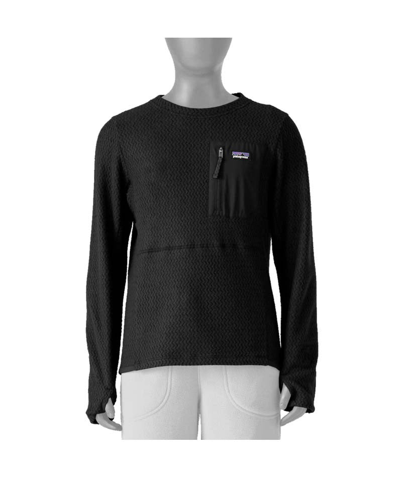 Patagonia R1 Air Kids Crew- Black long-sleeve shirt with a brand logo on a mannequin against a white background