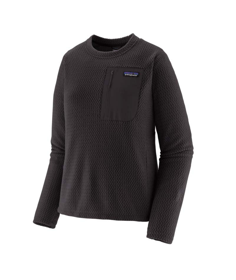 Patagonia R1 Air Womens Crew- Black fleece pullover with a brand logo on a white background