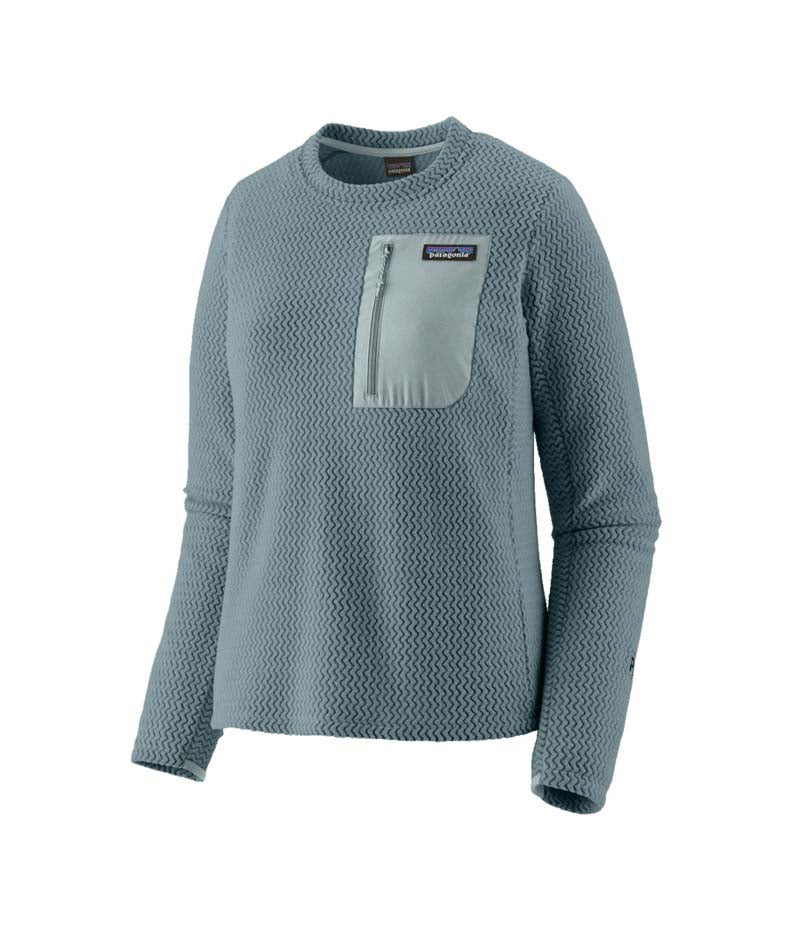 Patagonia R1 Air Womens Crew-Blue sweater with a pocket on a white background