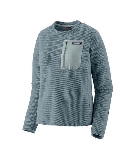 Patagonia R1 Air Womens Crew-Blue sweater with a pocket on a white background