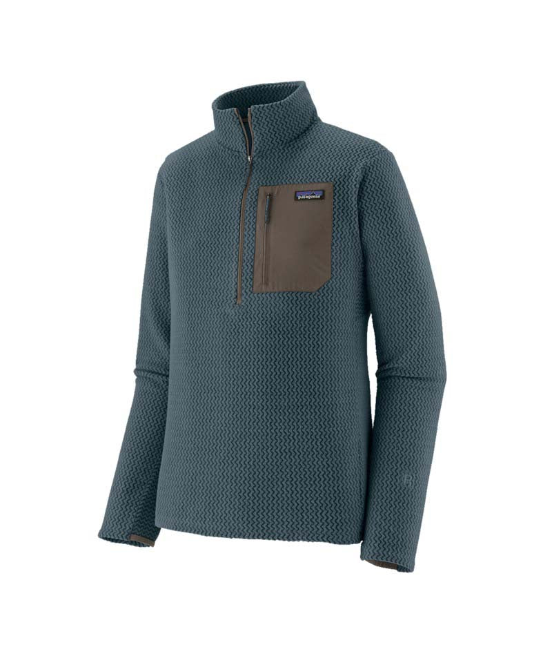 Patagonia R1 Air Zip Neck Mens- Green fleece pullover with a brown pocket on a white background