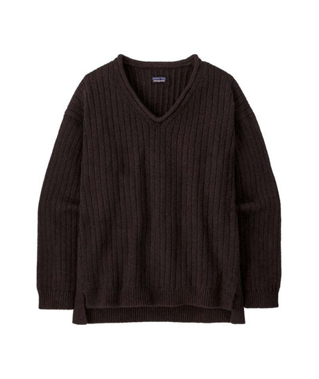 Patagonia Recycled Wool-Blend V-Neck Womens Sweater- Dark brown ribbed sweater on a white background
