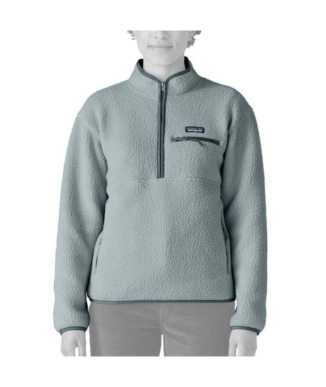 Patagonia Retro Pile Womens Marsupial- Light blue fleece pullover with a brand logo on a white background