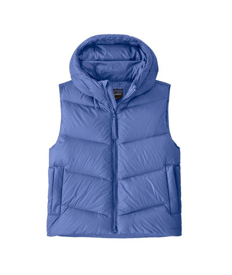Patagonia Sindit Womens Vest- Blue puffer vest with a hood on a white background