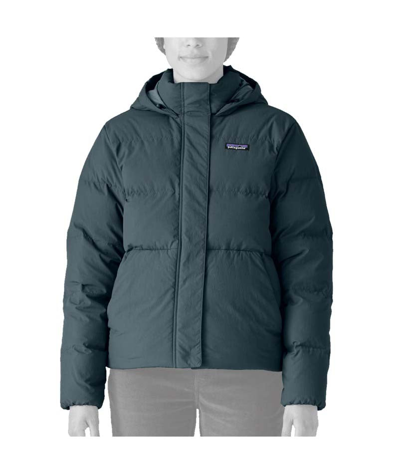 Patagonia Sisar Down Hoody Womens Jacket- Dark blue puffer jacket with a brand logo on a white background