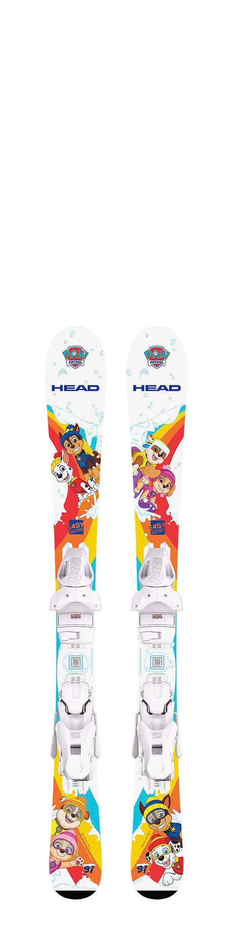 PawPatrolJRS_97- Children's skis with colorful cartoon character bindings on a white background
