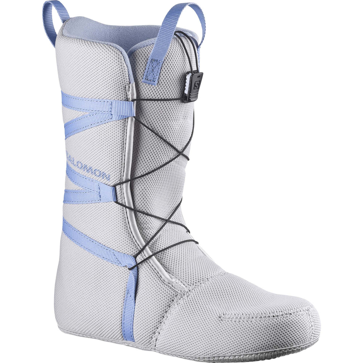 PearlBOA- Light grey snowboard boot with blue accents on a white background
