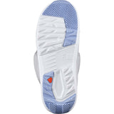 PearlBOA- Light grey snowboard boot with blue accents on a white background