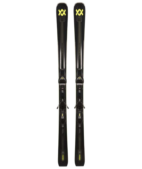 Peregrine82Lowride_LR13FR- Pair of black skis with yellow branding on a white background