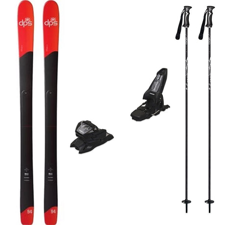 Pisteworks94w_Griffon13-A ski bundle featuring a pair of DPS skis with red and black graphics, matching black ski bindings, and two black ski poles, arranged on a plain white background.