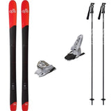 Pisteworks94w_Griffon13-A ski bundle featuring a pair of DPS skis with red and black graphics, pair of white ski bindings, and two black ski poles, arranged on a plain white background.