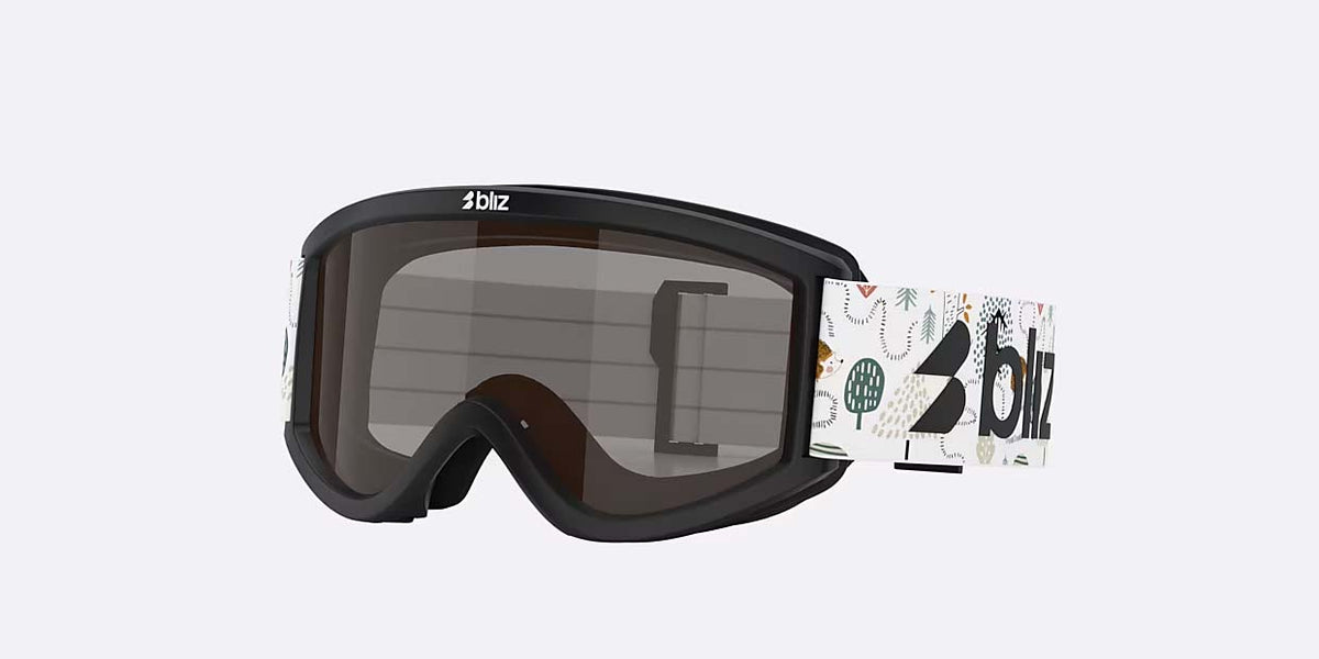 Pixie-Bliz ski goggles in matte black with a mirrored brown lens and a matching black strap, shown on a light gray background.
