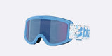 Pixie-Bliz ski goggles in matte blue with a mirrored blue lens and a matching blue strap, shown on a light gray background.