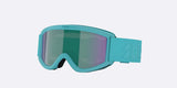 Pixie-Bliz ski goggles in matte turquoise with a mirrored green lens and a matching turquoise strap, shown on a light gray background.