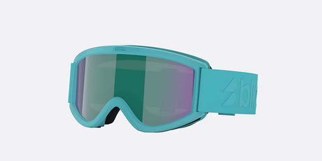 Pixie-Bliz ski goggles in matte turquoise with a mirrored green lens and a matching turquoise strap, shown on a light gray background.