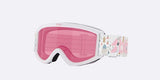 Pixie-Bliz ski goggles in matte white with a mirrored pink lens and a matching white strap, shown on a light gray background.