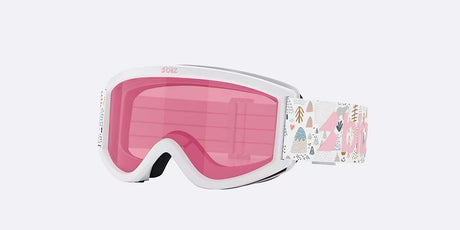 Pixie-Bliz ski goggles in matte white with a mirrored pink lens and a matching white strap, shown on a light gray background.
