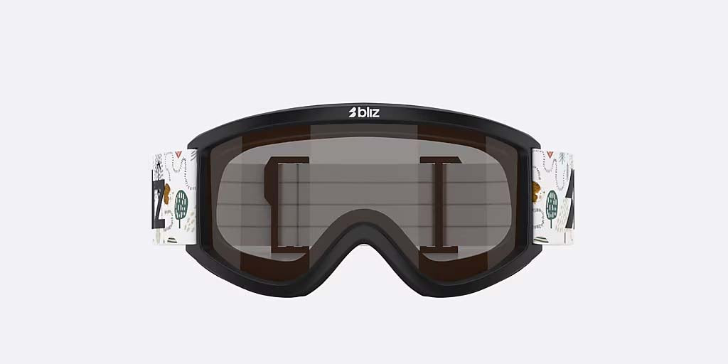 Pixie-Bliz ski goggles in matte black with a mirrored brown lens and a matching black strap, shown on a light gray background.