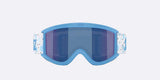 Pixie-Bliz ski goggles in matte blue with a mirrored blue lens and a matching blue strap, shown on a light gray background.
