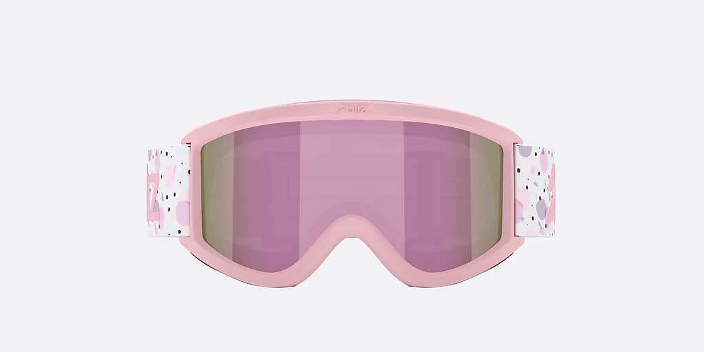 Pixie-Bliz ski goggles in matte pink with a mirrored pink lens and a matching pink strap, shown on a light gray background.